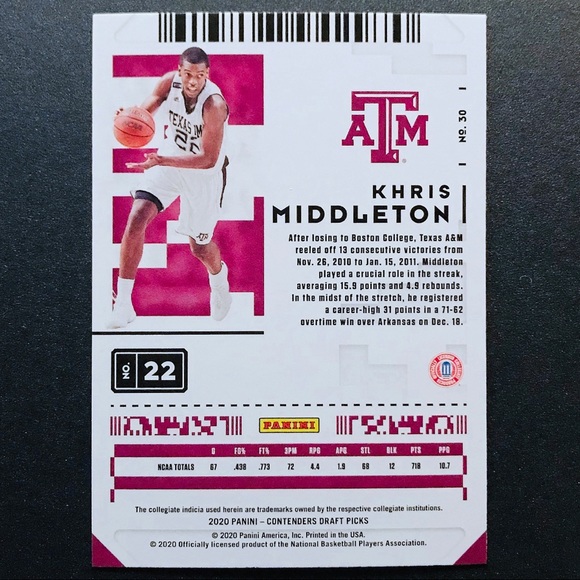Khris Middleton - 2020-21 Panini Contenders Draft Picks #30 - Picture 2 of 2